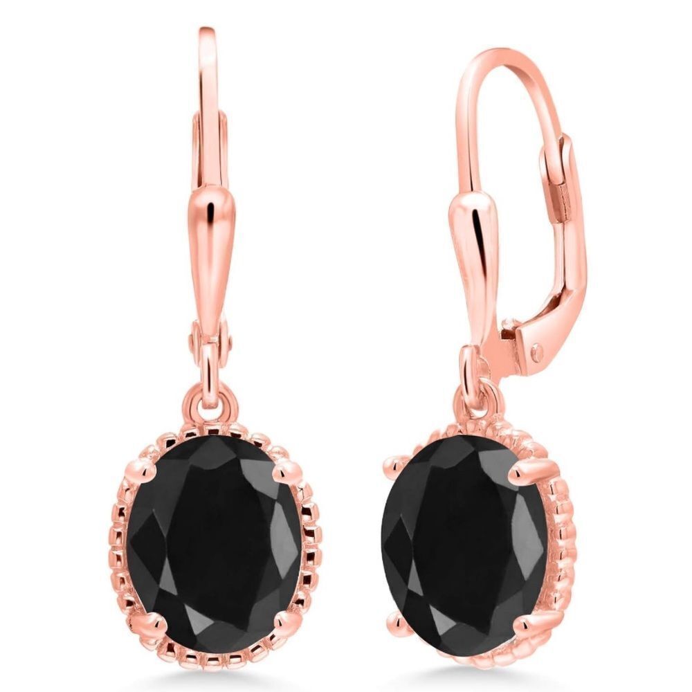 18K Rose Gold 925 with 5.00 Cttw Black Sapphire Oval Leverback Hook Earrings